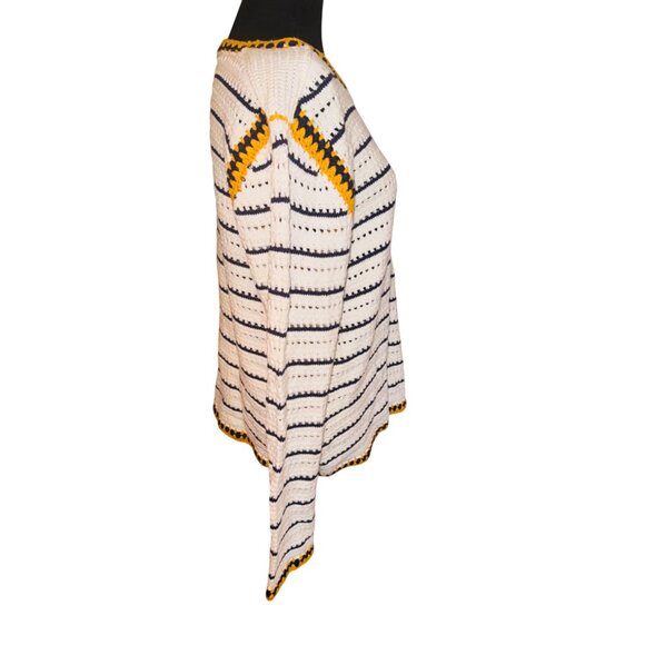 Francesca's Alya Bethenney Crochet Stitch Cream, Navy Yellow Sweater L Open Knit - Picture 3 of 9